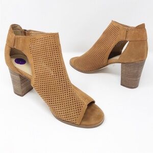 Marc Fisher Demika Ankle Boot Women 7.5 Cognac Suede Peep Toe Cutout Block Heel